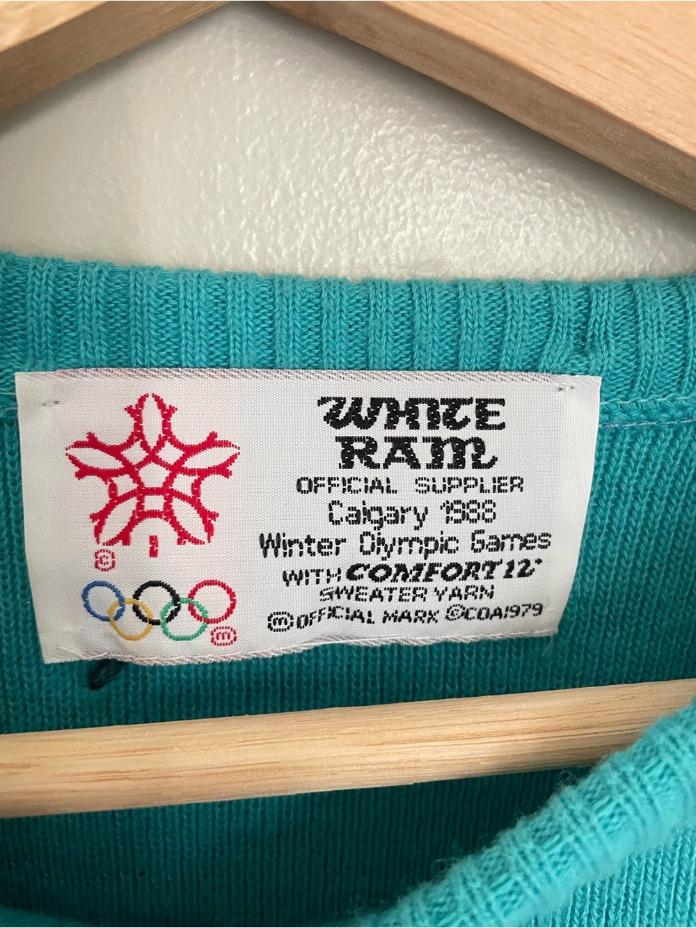 Vintage 1988 Calgary Winter Olympics White Ram Knit Sweater Teal White - Picture 8 of 9